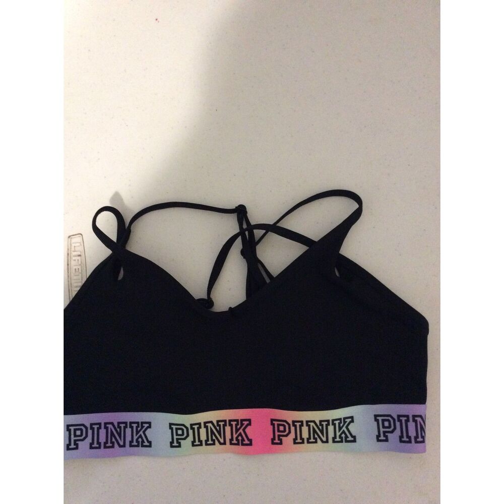 Victoria's Secret PINK Sports Bra Criss Cross Back Small Black Rainbow Band